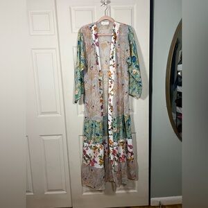 Anthropologie Floral Patchwork Long Cardigan - Teal, White, Pink